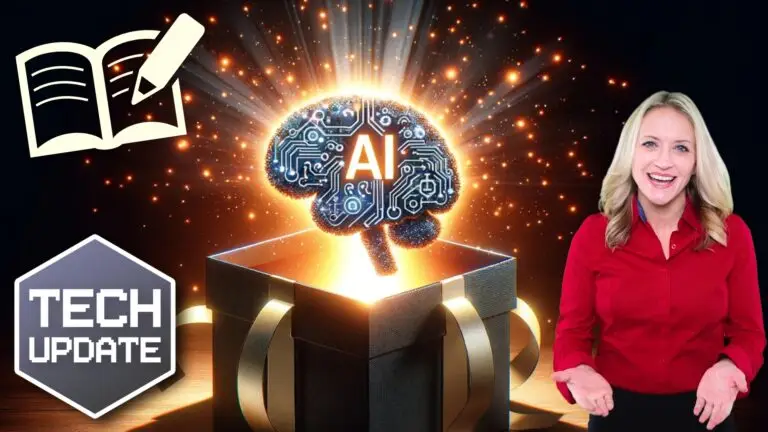 A person talking with a AI brain emerging from a Christmas present box next to her